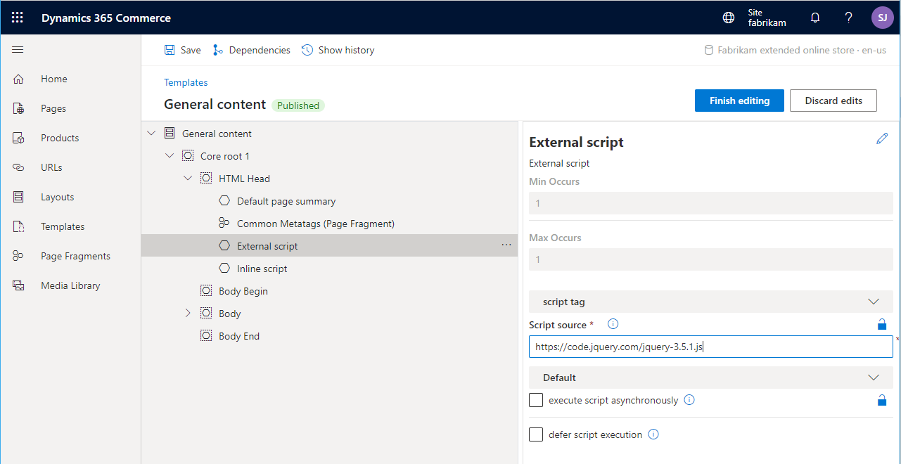 External script module properties in site builder.