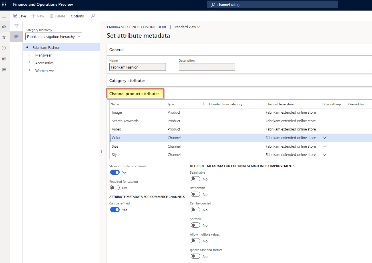 Configurando metadados de atributo para refinadores de dimensão.