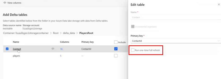 Edite o painel da tabela para selecionar atualização completa única.