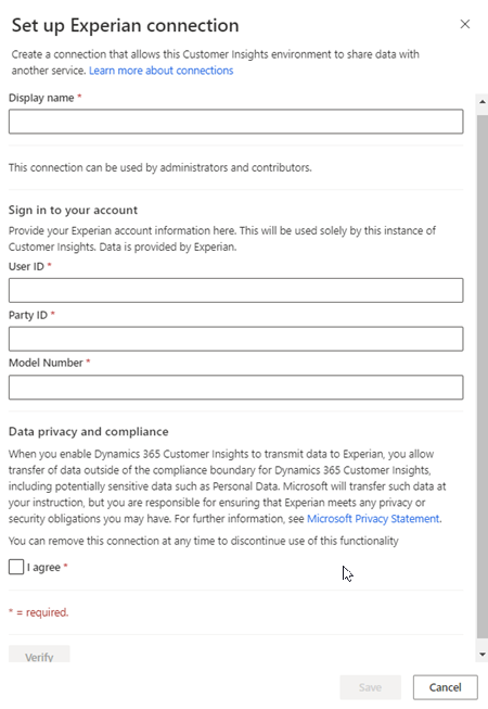 Painel de configuração de conexão da Experian