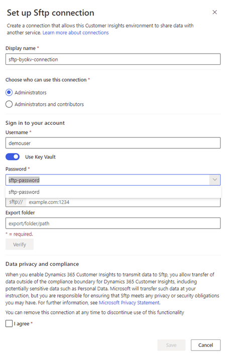 Painel de conexão com uma conexão SFTP que usa um segredo do Key Vault.