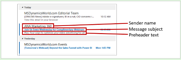 Aparência do conteúdo do email na lista da caixa de entrada do Outlook.