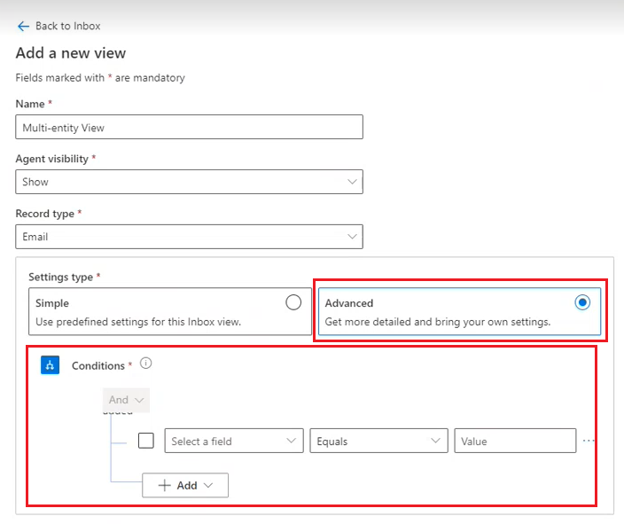 Opção de configuração avançada na página Adicionar uma nova página de exibição para caixa de entrada.