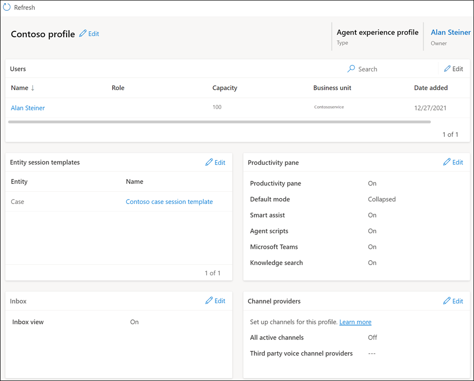 O perfil de experiência do agente com configurações definidas no Centro de administração do Customer Service.