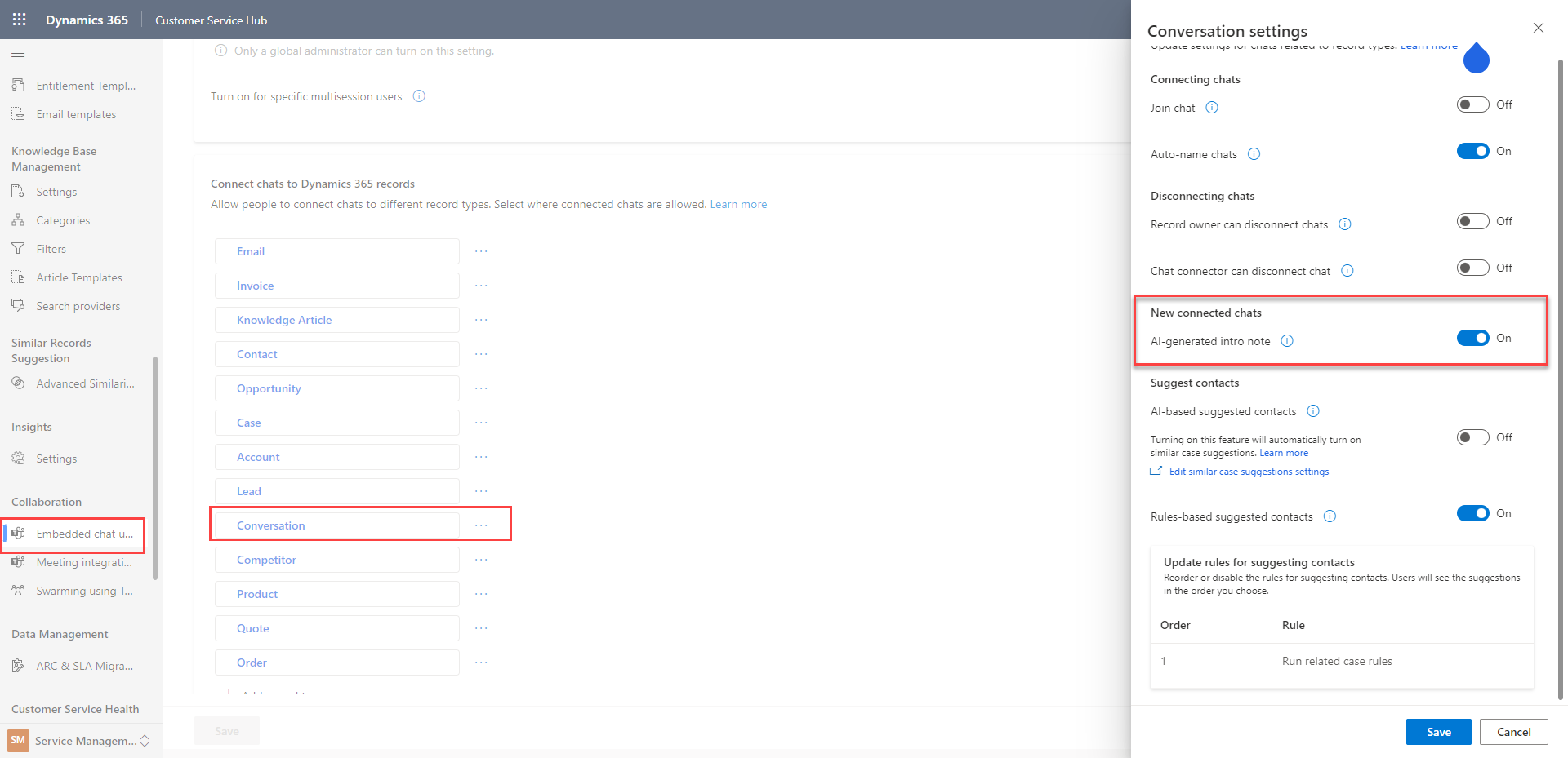 Habilite as configurações para contatos sugeridos por AI.