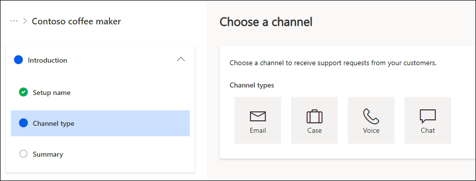 Uma captura de tela da configuração de canal guiado mostrando os tipos de canal que podem ser definidos usando a configuração guiada.