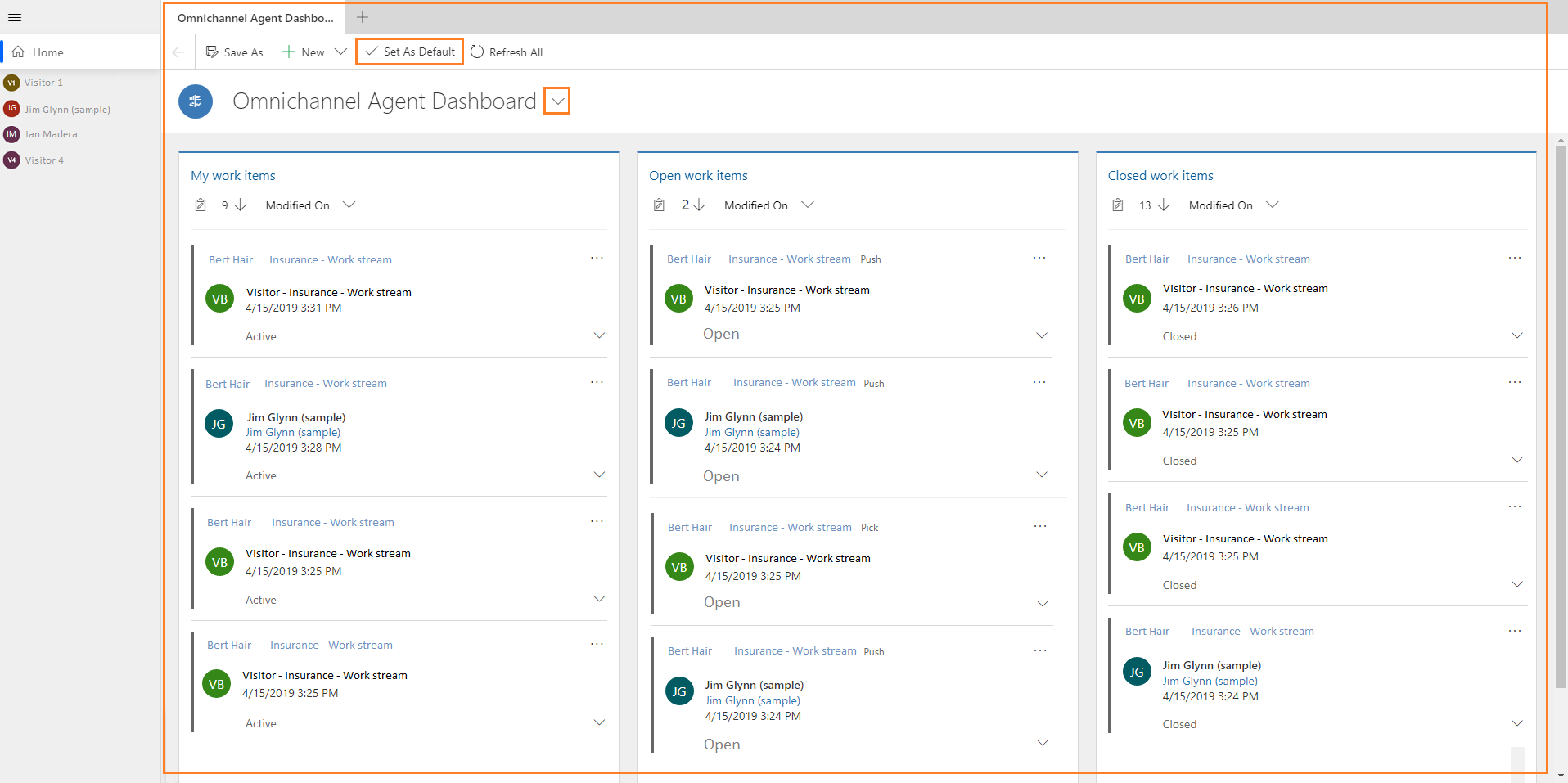 O Painel do Agente do Omnicanal mostra Meus itens de trabalho, Itens de trabalho abertos e Itens de trabalho fechados.