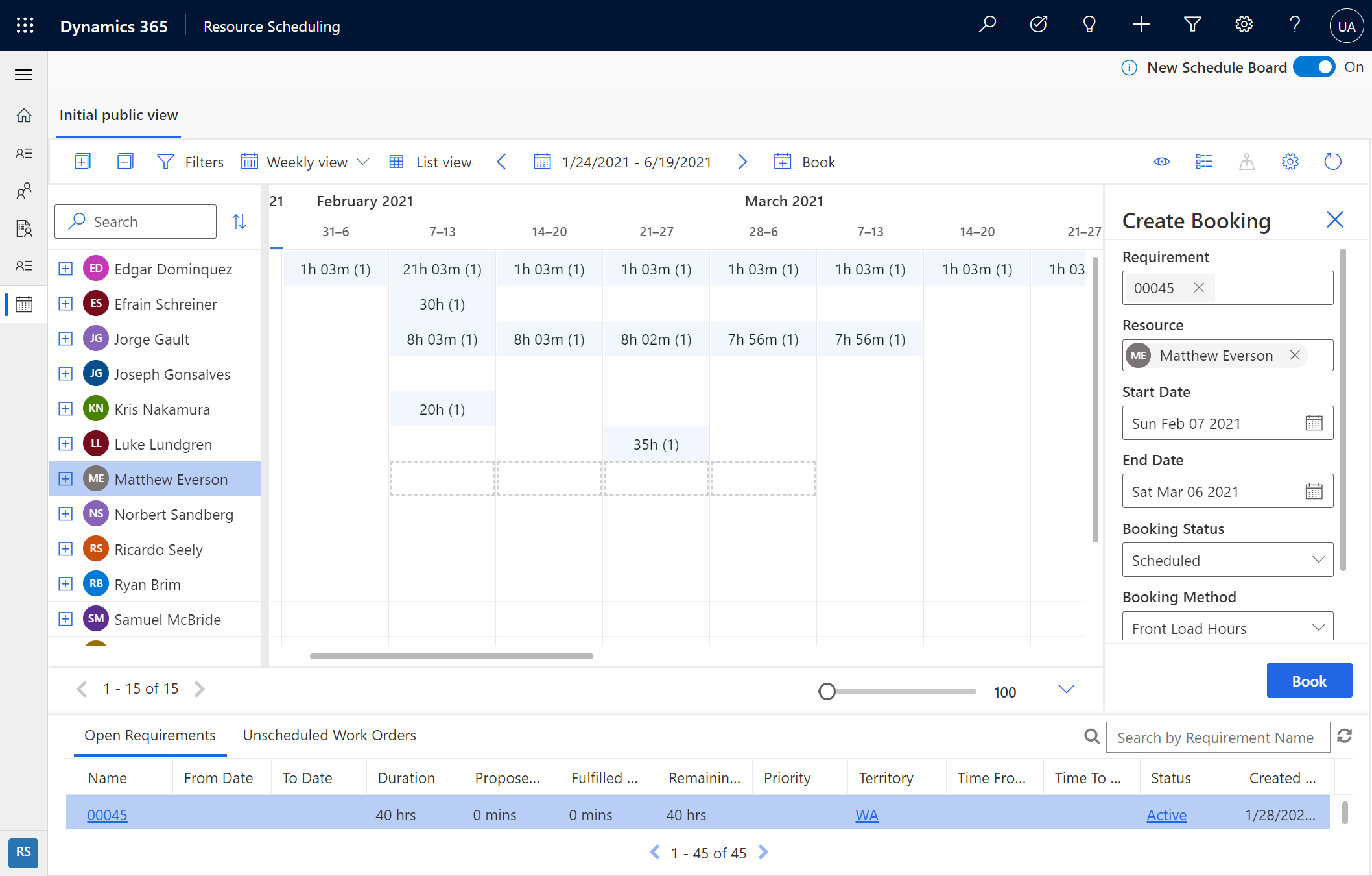 Captura de tela da exibição semanal no novo painel de agendamento no Customer Service.