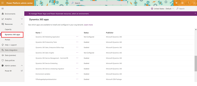 Selecionar aplicativos do Dynamics 365.