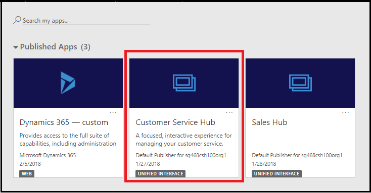 Inicie o aplicativo Hub do Serviço de Atendimento ao Consumidor na página Meus Aplicativos.