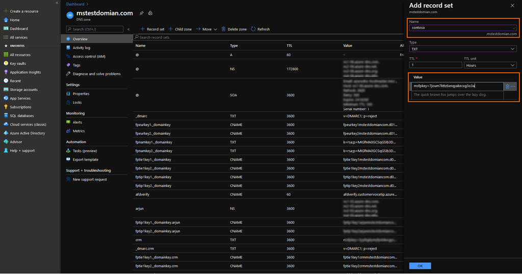 Adicione o valor e o nome TXT no Microsoft Azure.