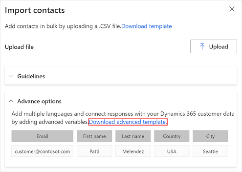 Baixe um modelo CSV avançado para criar uma lista de destinatários.