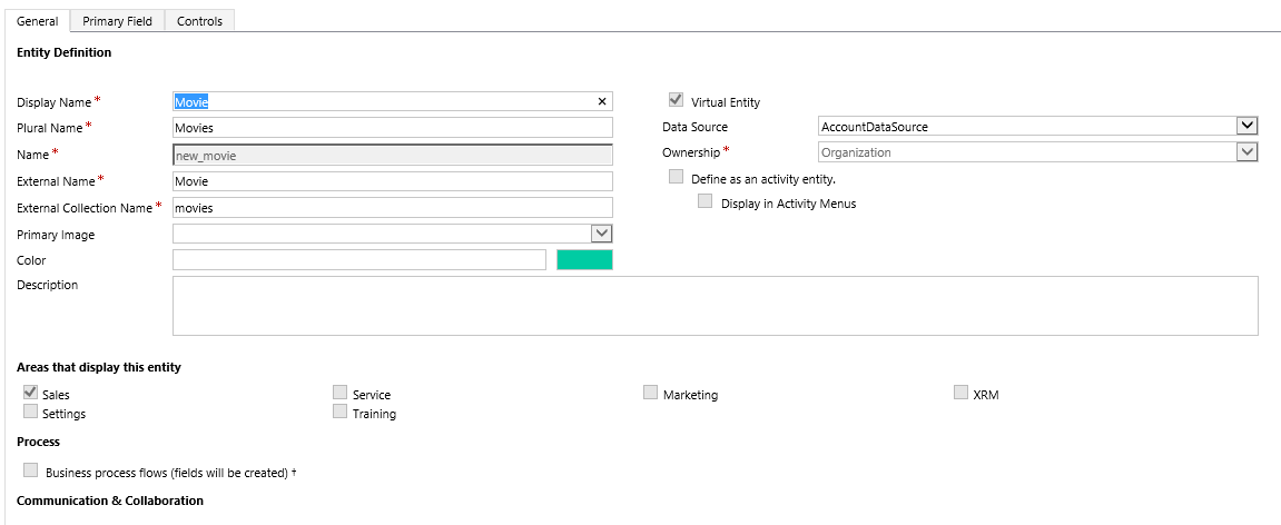 Definição de entidade virtual usando o provedor de dados Azure Cosmos DB.