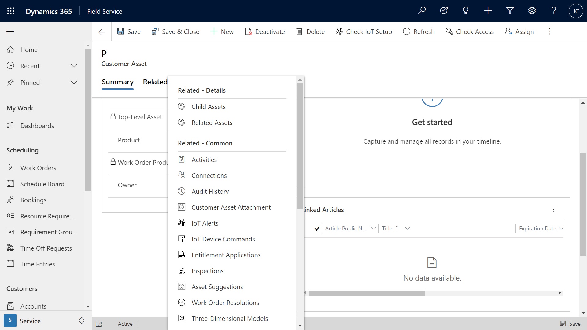 Captura de tela de configurações avançadas mostrando a opção Inspeções na guia Relacionado do ativo do cliente.