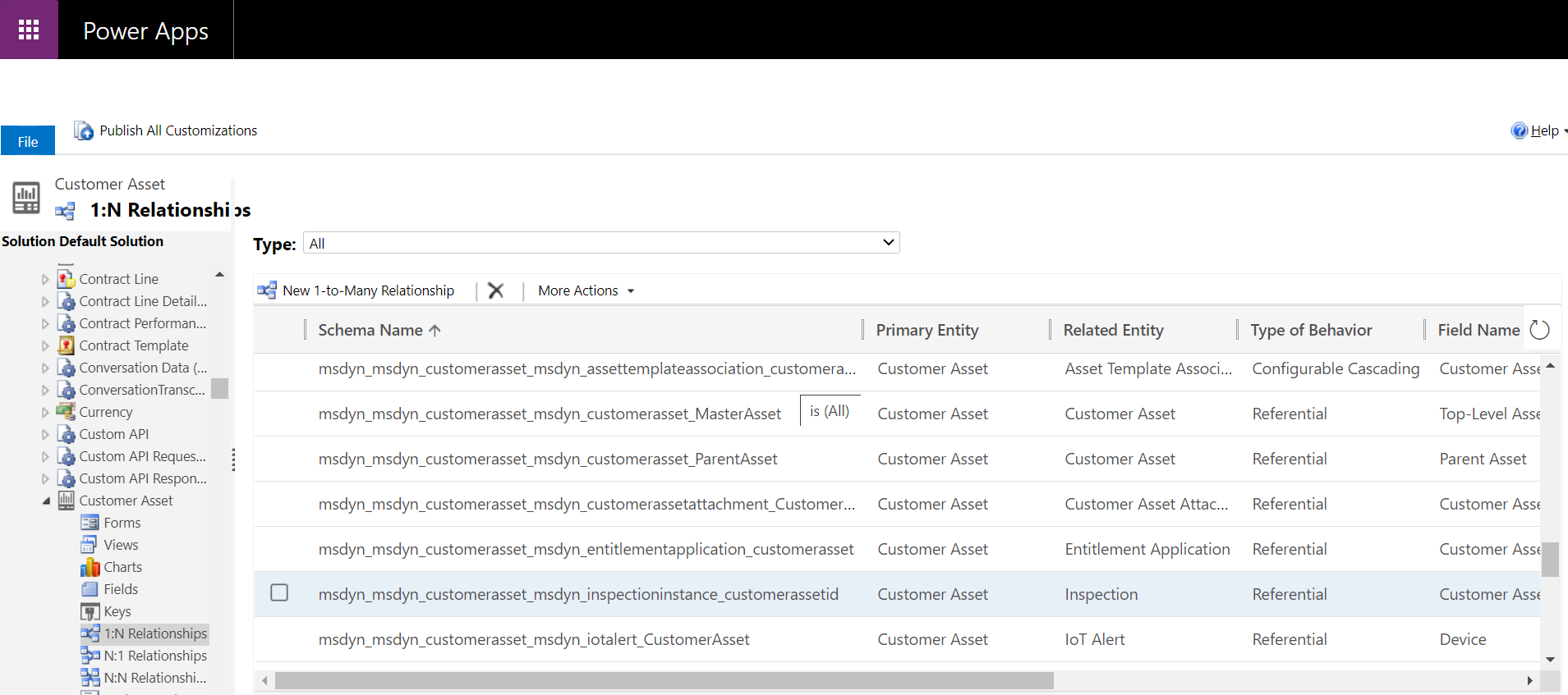 Captura de tela de configurações avançadas mostrando a relação de inspeção com um ativo do cliente.