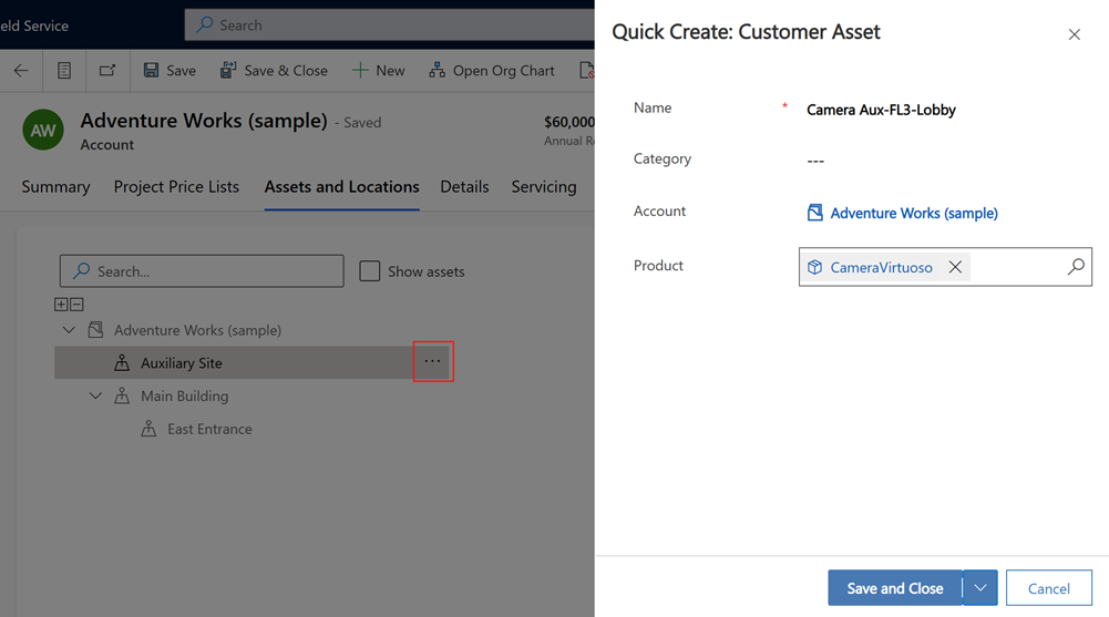 Captura de tela do painel Criação Rápida: Ativo do Cliente em um registro de conta.