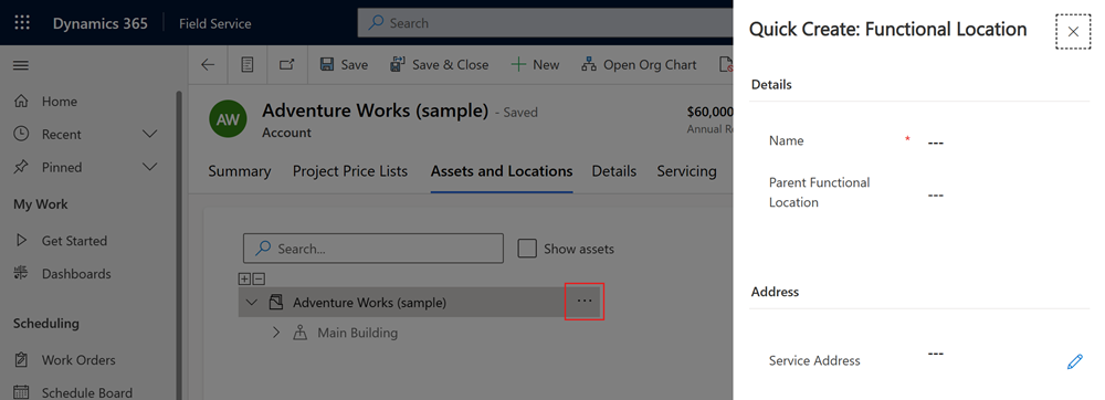 Captura de tela do painel Criação Rápida: Local Funcional em um registro de conta, com o menu de reticências realçado.