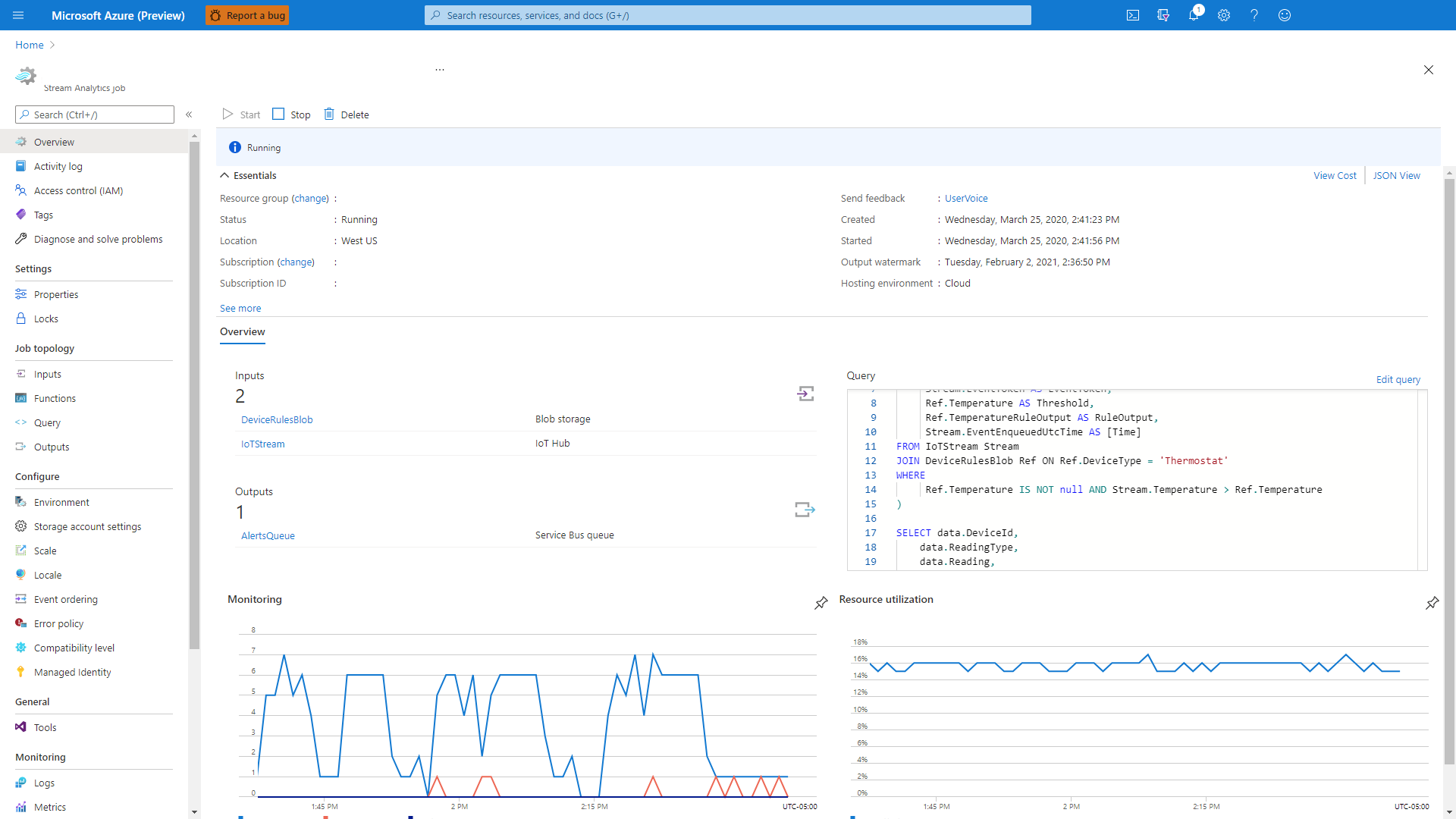 Captura de tela do Microsoft Azure mostrando o grupo de recursos apropriado e a tarefa do Stream Analytics.