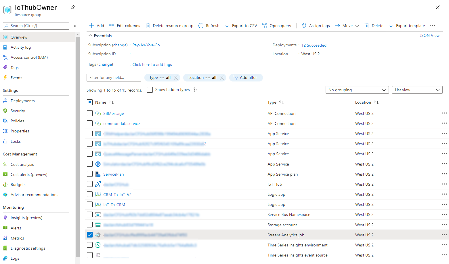 Captura de tela do Microsoft Azure mostrando o Stream Analytics do alerta de IoT do Connected Field Service.