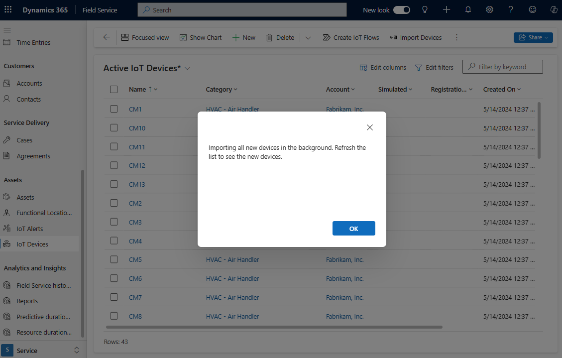 Captura de tela do Field Service na lista de Dispositivos IoT Ativos depois de selecionar Importar Dispositivos.