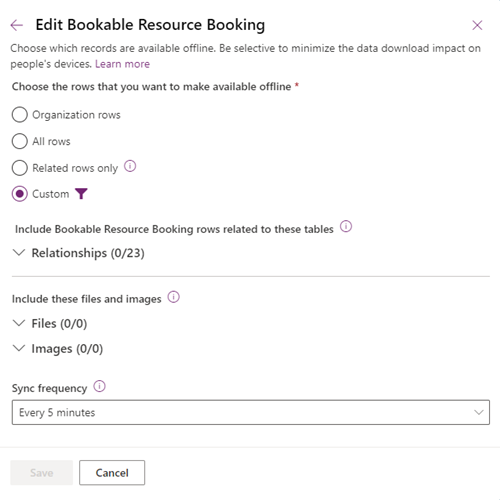 Captura de tela das configurações de dados offline da tabela Reserva de Recurso Reservável no perfil offline do aplicativo móvel Field Service.