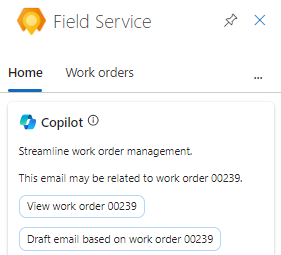 Captura de tela do painel Field Service no Outlook, mostrando o botão Esboçar email com base na ordem de serviço