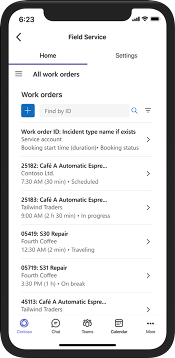 Renderização do dispositivo móvel mostrando a lista de todas as ordens de serviço no aplicativo Field Service Teams