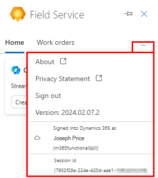 Captura de tela do painel Outlook do Field Service mostrando o número da versão, a ID da sessão e os links para a visão geral e a política de privacidade.