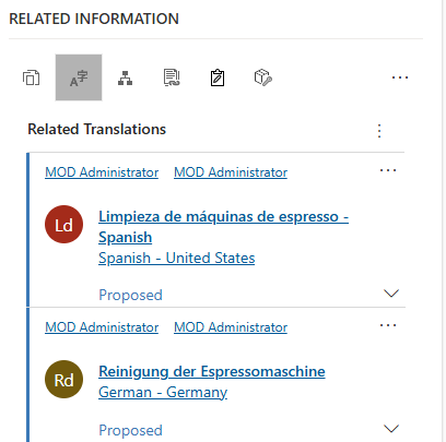 Captura de tela do painel Informações Relacionadas de um artigo de conhecimento mostrando uma lista de traduções relacionadas.