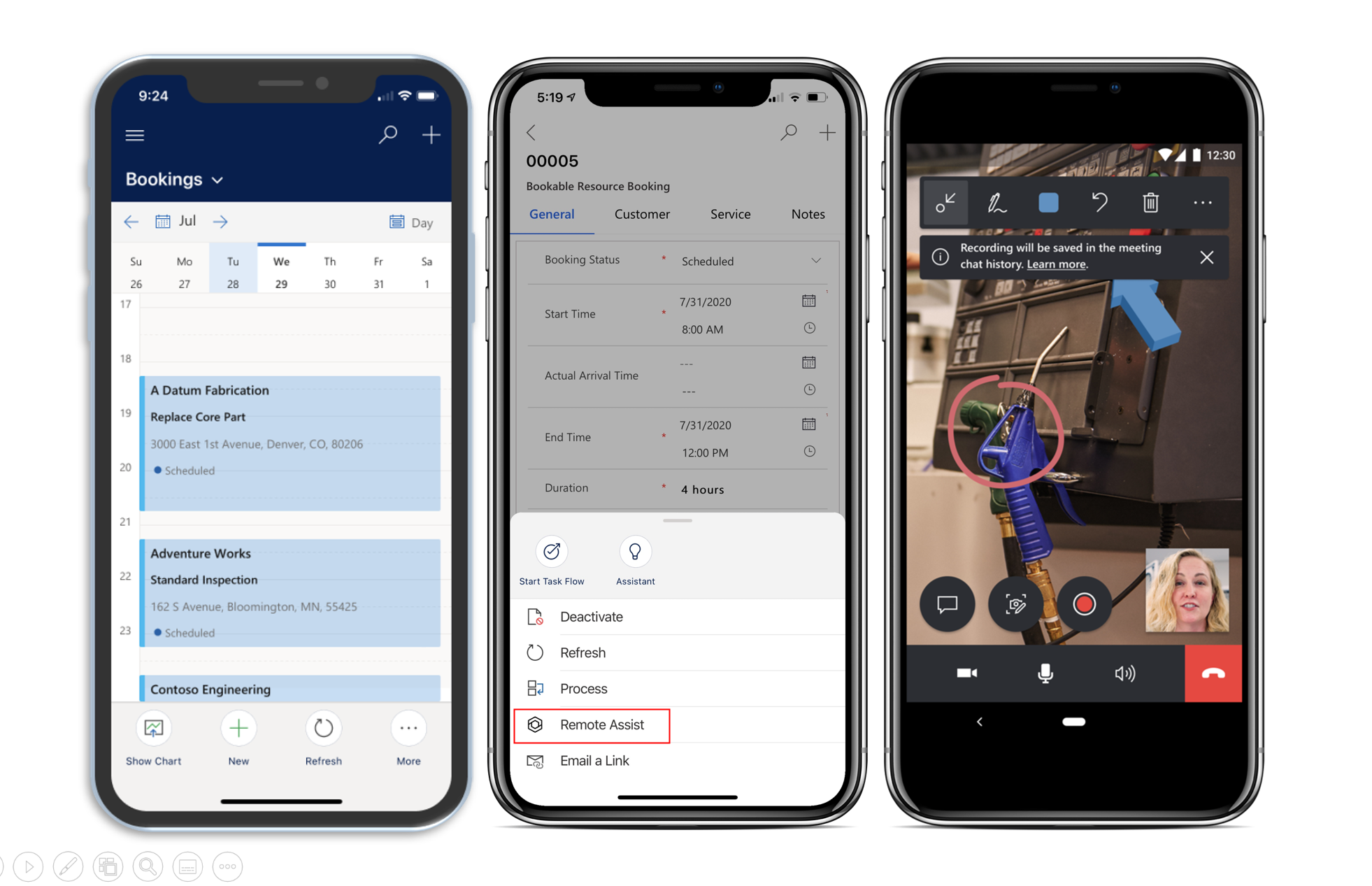 Screenshot of four mobile devices showing the Field Service mobile app, and the workflow that brings up the Dynamics 365 Remote Assist launch option.