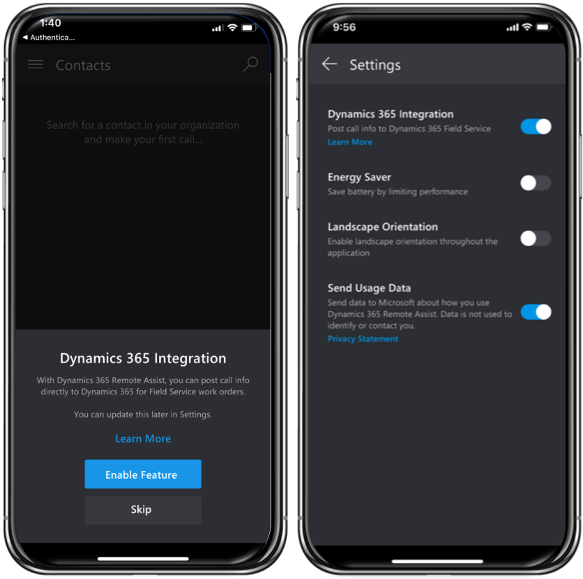 Captura de tela de dois dispositivos móveis no Dynamics 365 Remote Assist. A tela à esquerda mostra a opção pop-up de integração do Dynamics 365. A tela à direita mostra a tela de configurações para o Dynamics 365 Remote Assist, com a alternância de integração do Dynamics 365 ativada.