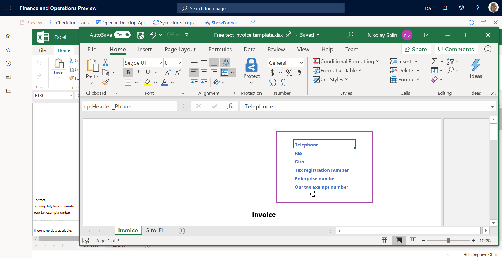 Modificar a cor da fonte no cabeçalho do modelo usando o aplicativo da área de trabalho Excel.