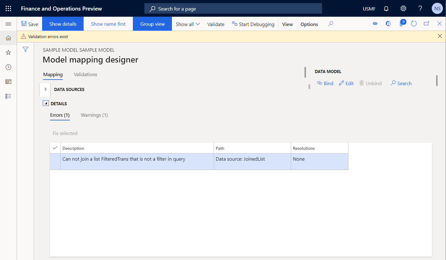 Erros de runtime da falha na validação da fonte de dados JoinedList na página Designer de mapeamento de modelos.