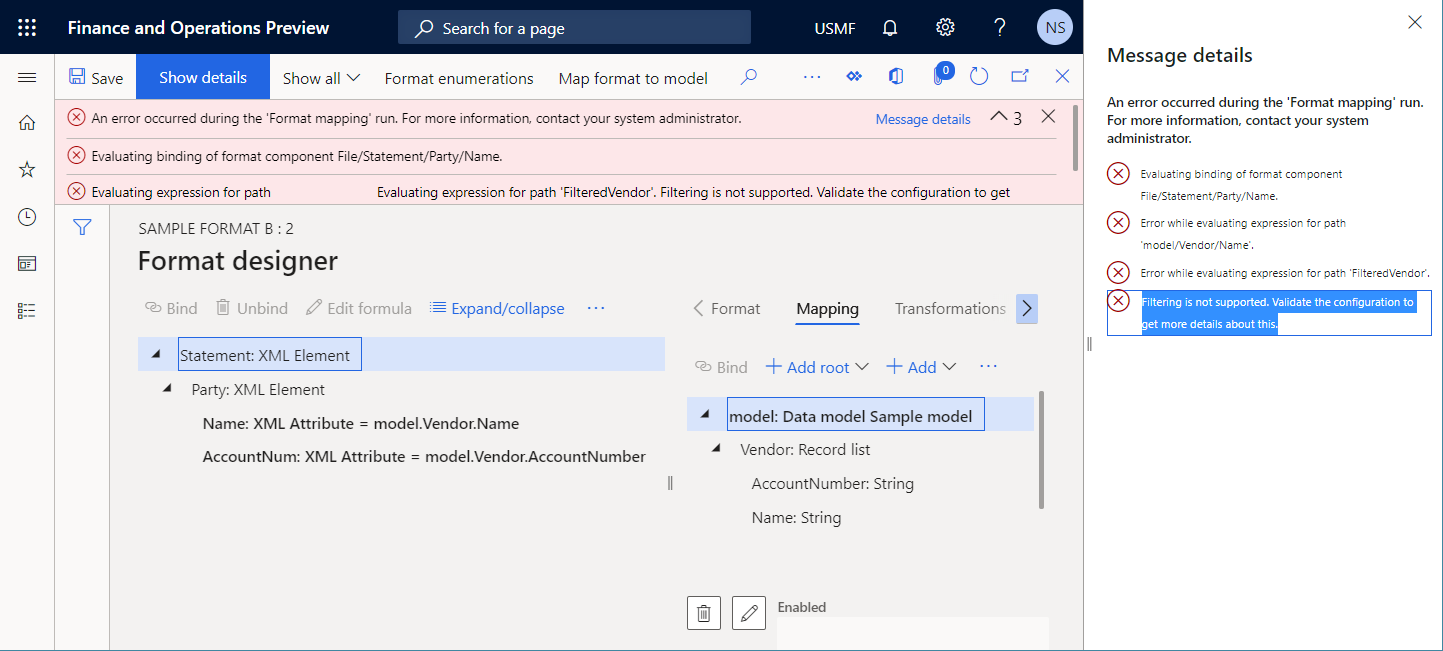 Erro de runtime que ocorre durante a execução do mapeamento de formatos na página Designer de formato.