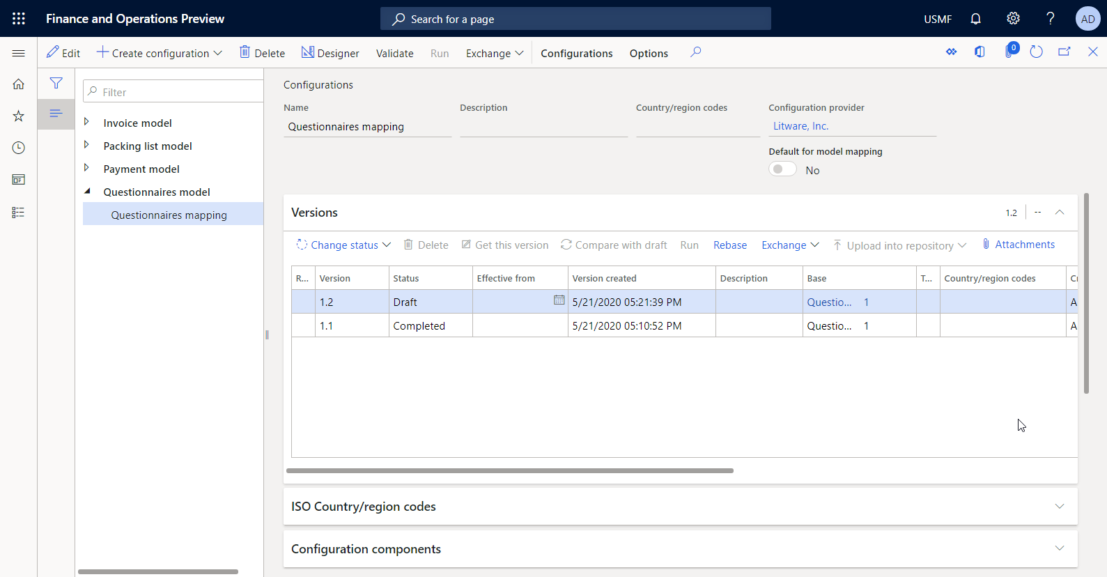 Versões da configuração de ER editável na página Configurações.