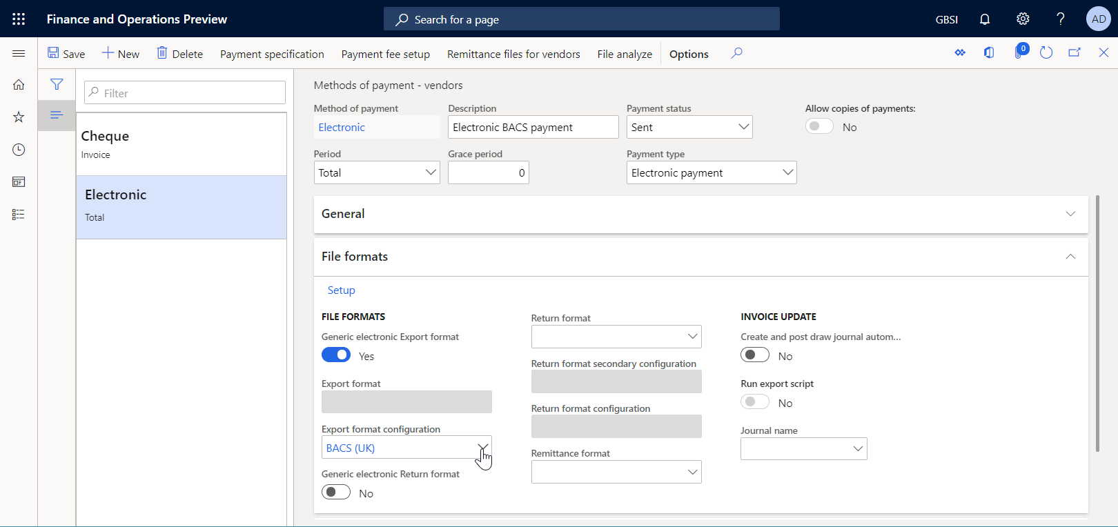 Página Métodos de pagamento-fornecedores para configurar o método de pagamento eletrônico para processar pagamentos de fornecedores usando um formato padrão.