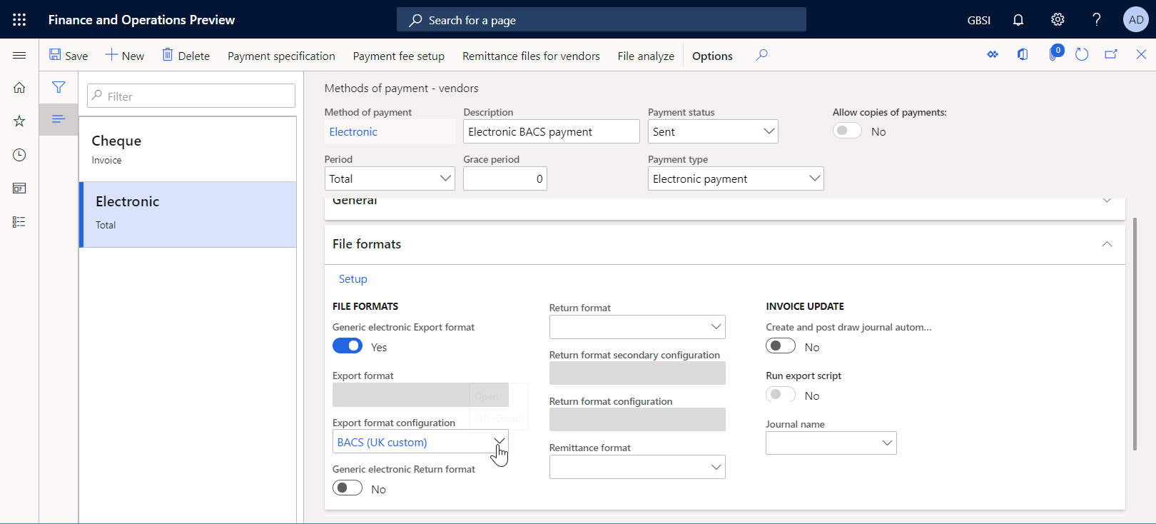 Página Métodos de pagamento-fornecedores para configurar o método de pagamento eletrônico para processar pagamentos de fornecedores usando um formato personalizado.