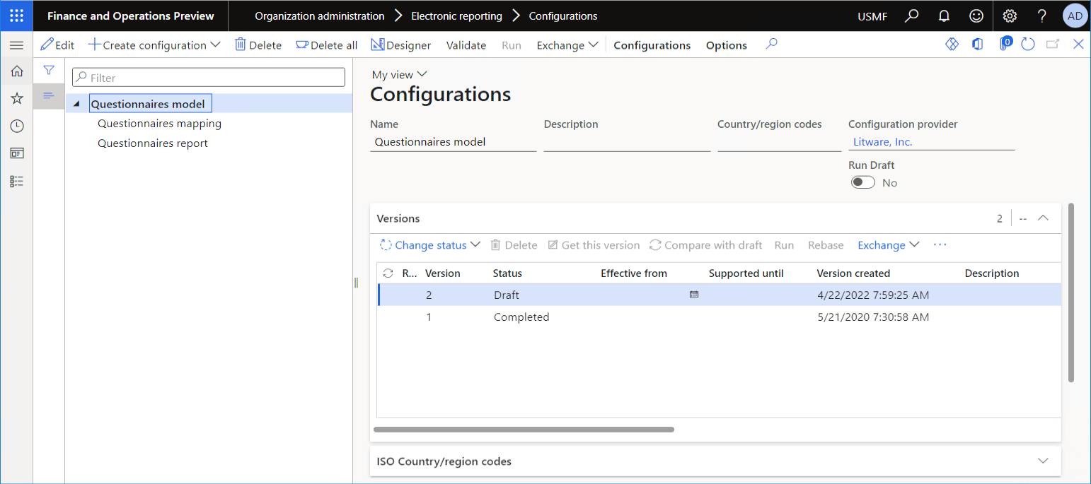 Analise a lista de configurações de ER importadas na página Configurações.