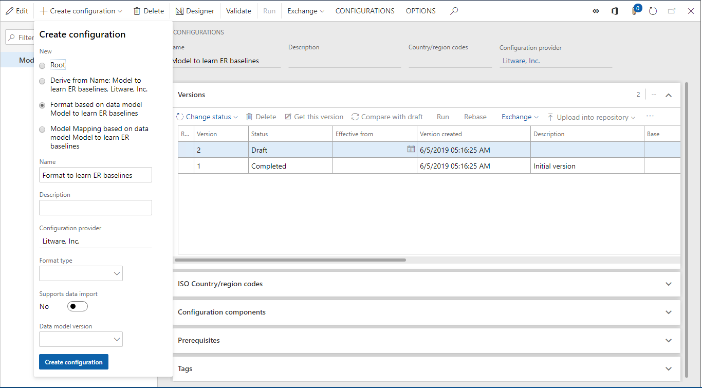 Caixa de diálogo Criar configuração, adicionar uma nova configuração do formato de ER.