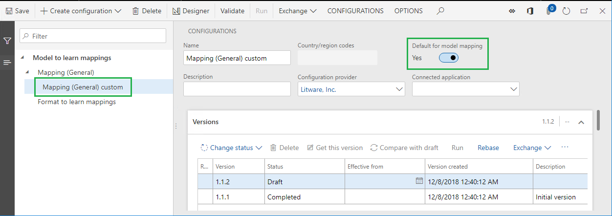 Página Configurações de ER, Padrão para o seletor de mapeamento de modelos definido como Sim.