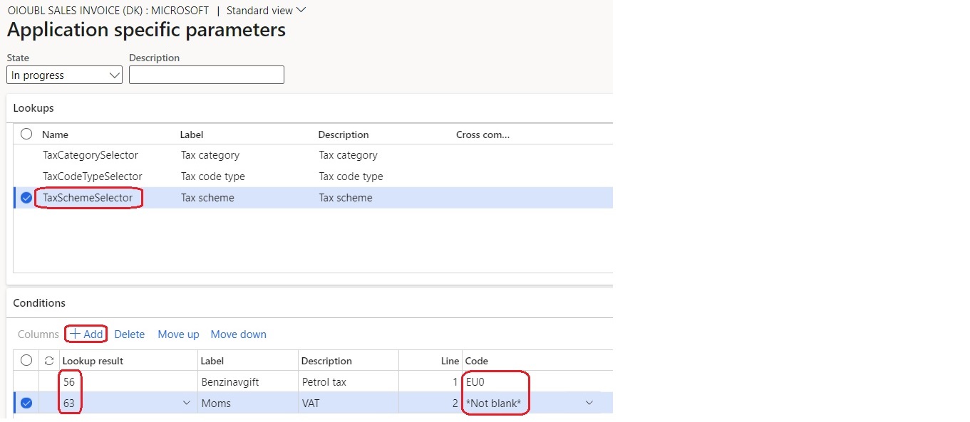 Defining conditions for the TaxSchemeSelector lookup on the Application specific parameters page.