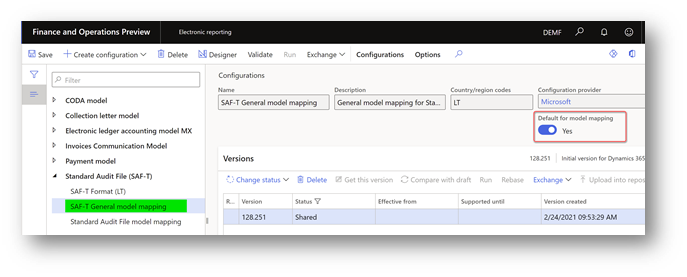 Default for model mapping option set to Yes for the SAF-T General model mapping configuration.