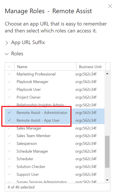 Captura de tela do Dynamics 365 atribuindo a função de aplicativo.