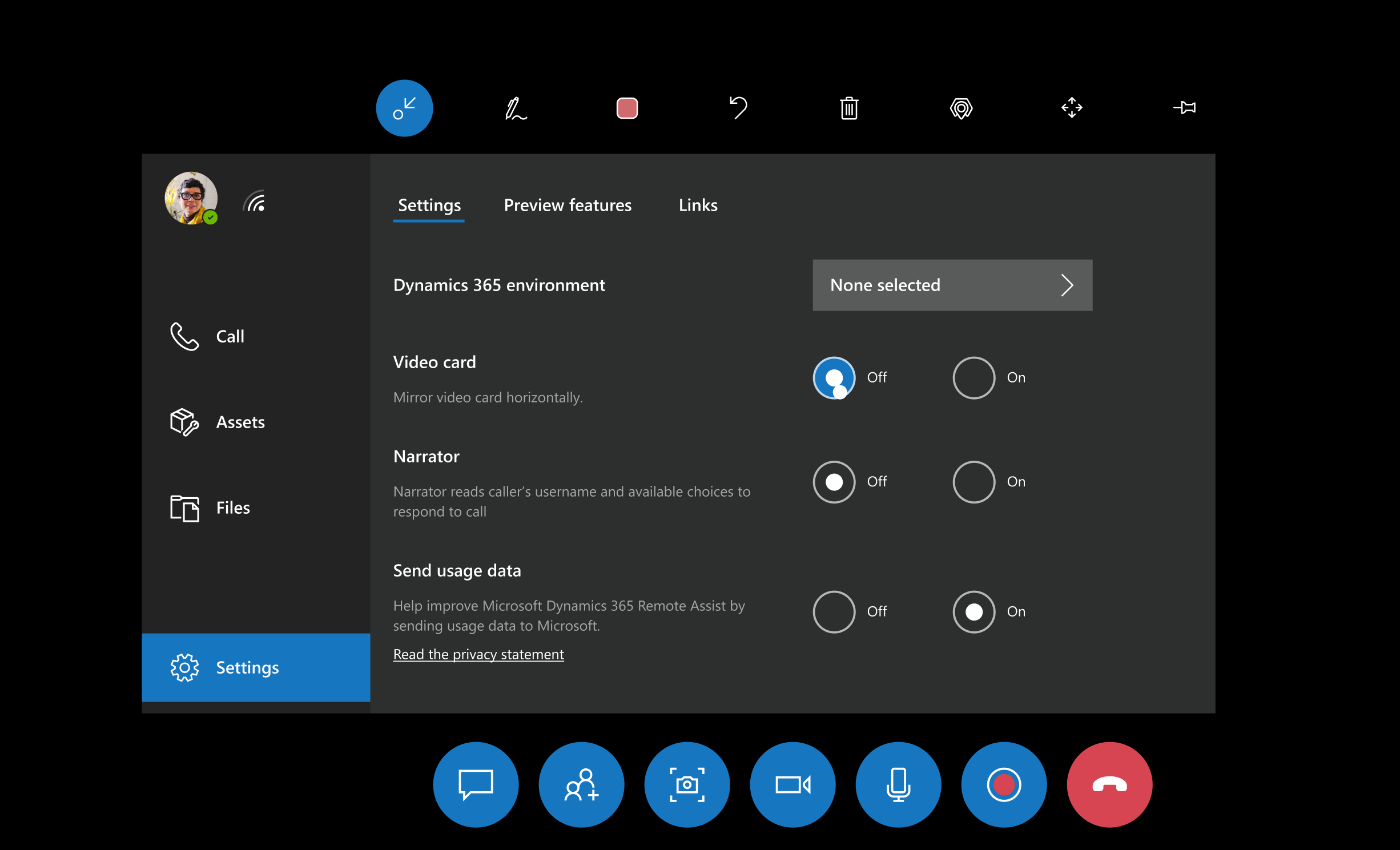 Captura de tela do campo de visão do HoloLens mostrando a tela da guia Configurações.