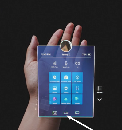 Captura de tela do campo de exibição do HoloLens, mostrando o ícone de vídeo no painel de ferramentas inferior.