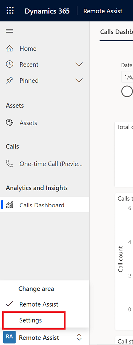 Alterar área em Configurações no aplicativo baseado em modelo do Remote Assist.