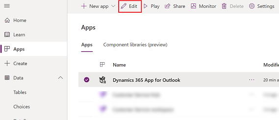 Selecione Dynamics 365 App for Outlook e depois editar.