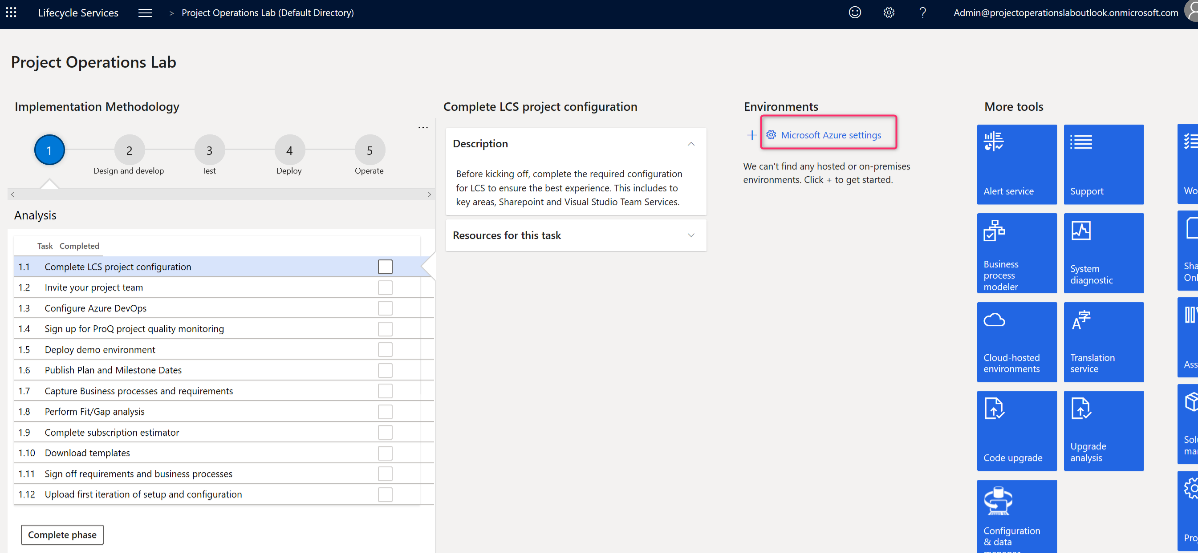 Configurações do Microsoft Azure.