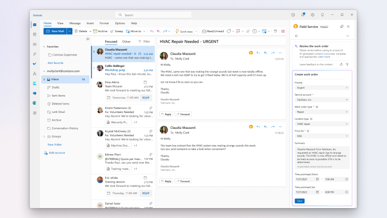 Suplemento do Outlook com gerenciamento de ordens de serviço do Field Service.