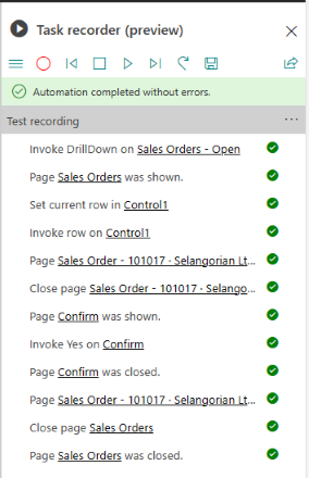 Resultado da reprodução de uma gravação. Inclui o resultado de cada etapa.